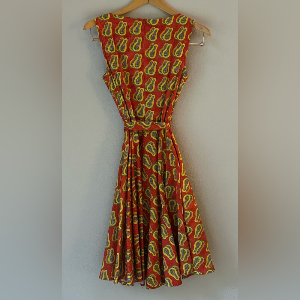Fun Dress Travel/Work/Casual  Papaya Print Sleeveless A-Line Swing Dress W/ Belt - Picture 5 of 11